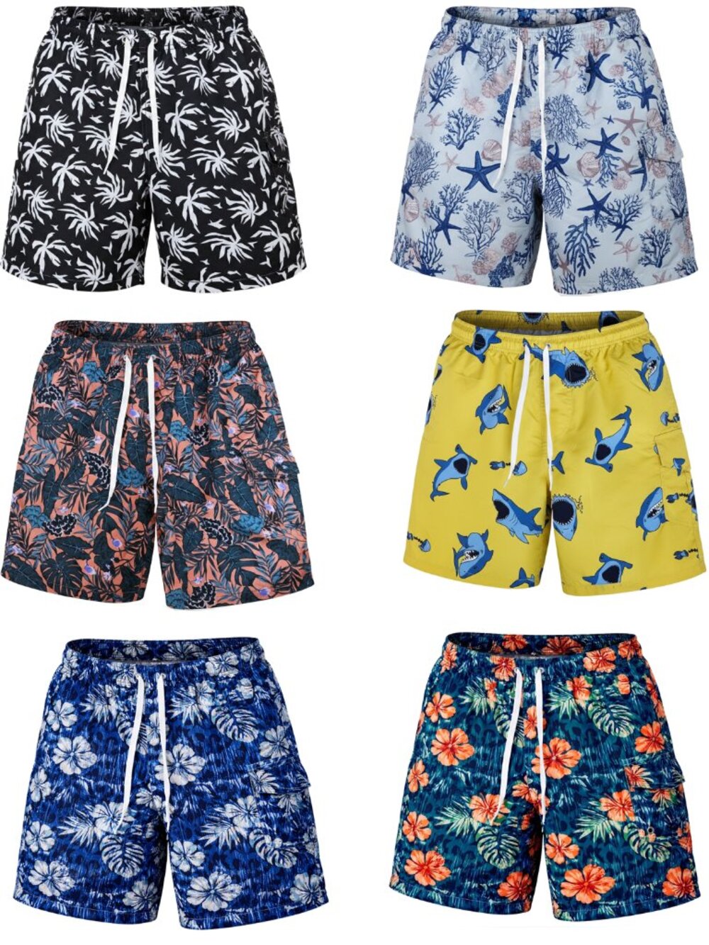 Men’s 6-Pack Swim Trunks Mesh Lining Cargo Pockets Beach Board Shorts Assorted